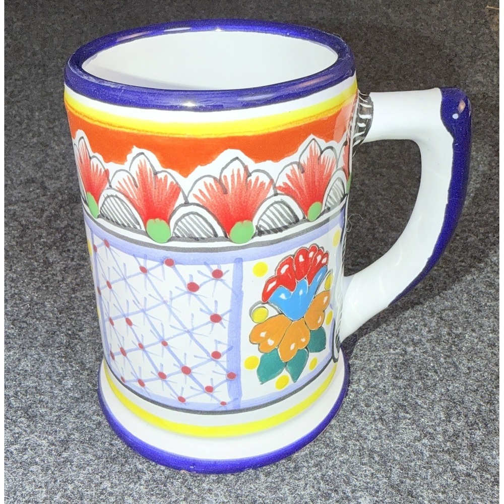Hernandez Talavera Pottery Mug Puebla Mexico Hand Painted Floral Folk Art Signed
